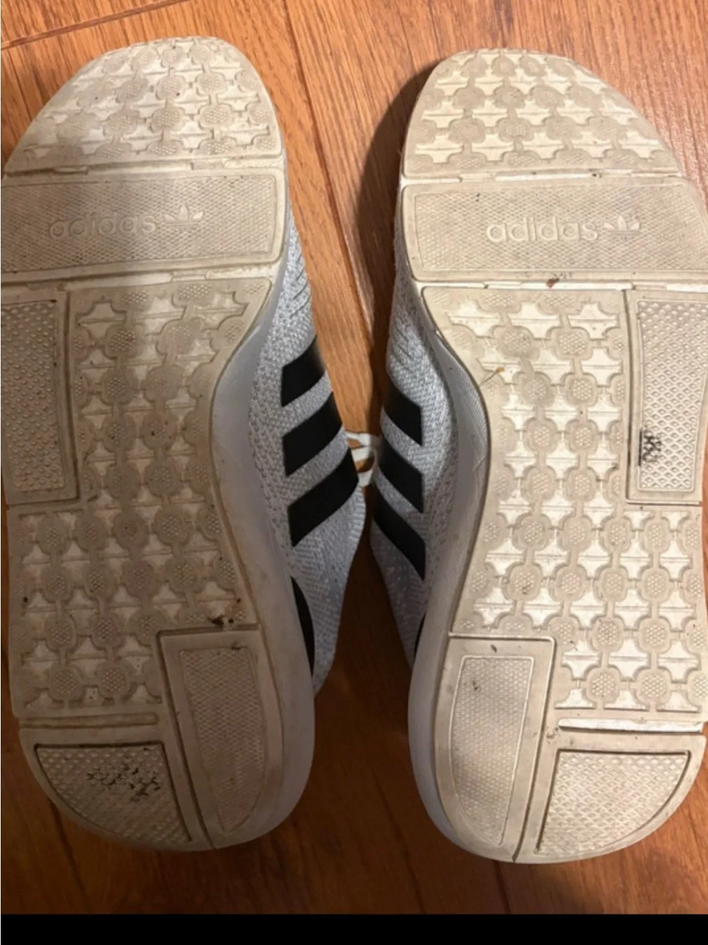 adidas White Knit Athletic Shoes with Black Stripes